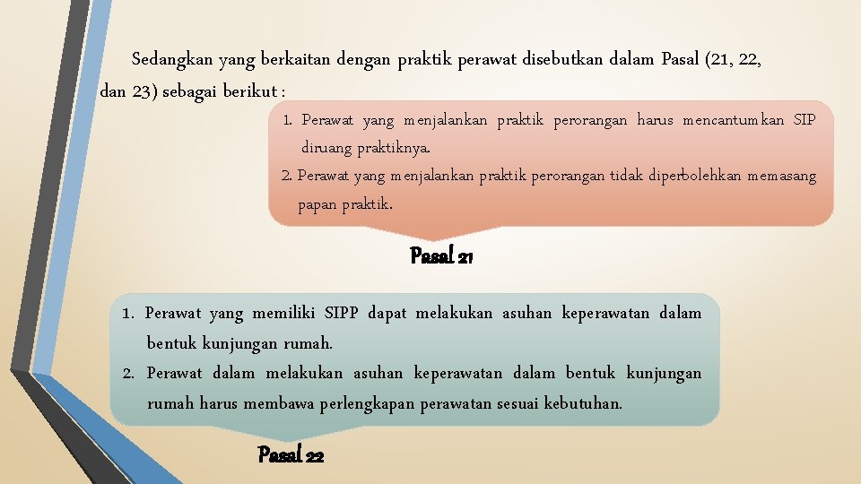 Sedangkan yang berkaitan dengan praktik perawat disebutkan dalam Pasal (21, 22, dan 23) sebagai