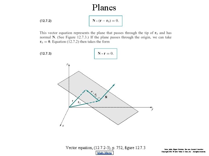 Planes Vector equation, (12. 7. 2 -3), p. 752, figure 12. 7. 3 Main