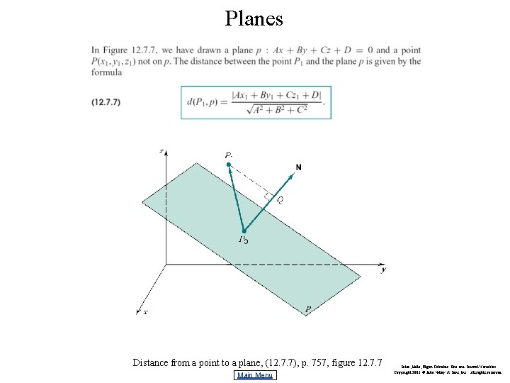 Planes Distance from a point to a plane, (12. 7. 7), p. 757, figure
