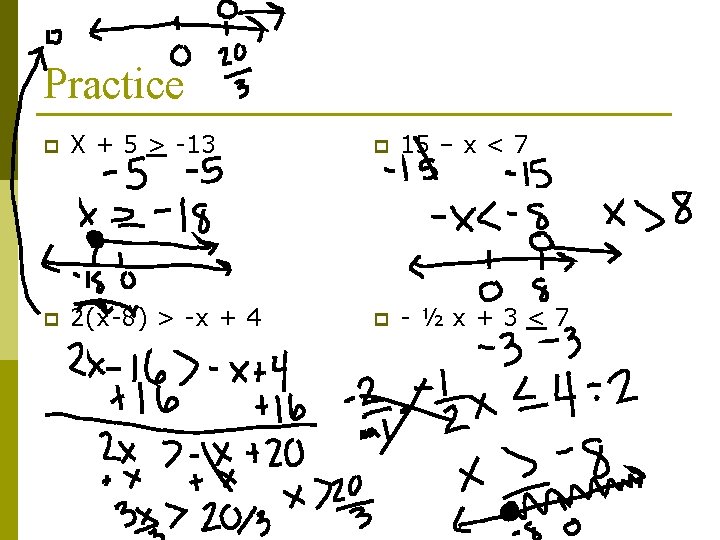 Practice p X + 5 > -13 p 15 – x < 7 p