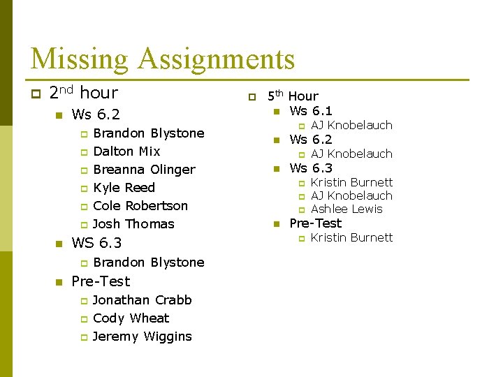 Missing Assignments p 2 nd hour n Ws 6. 2 p p p n