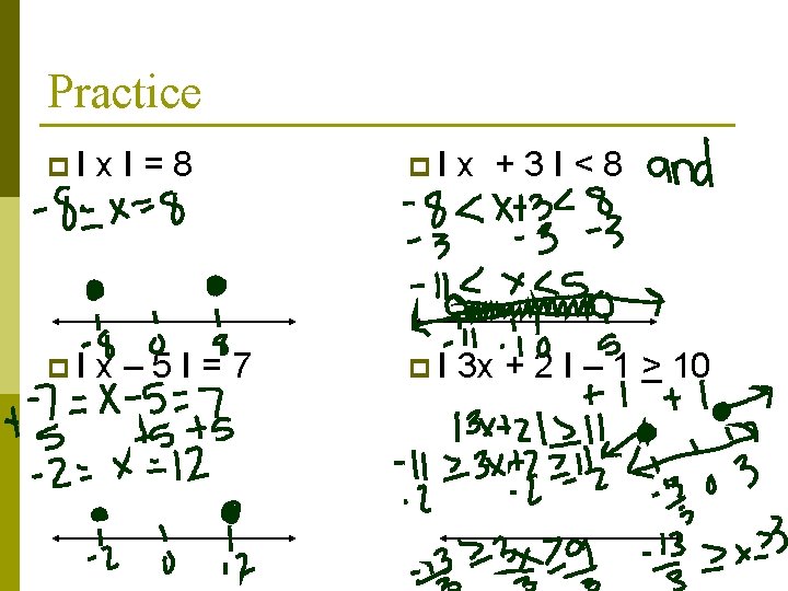 Practice p. I x. I=8 p. I x +3 I<8 p. I x– 5