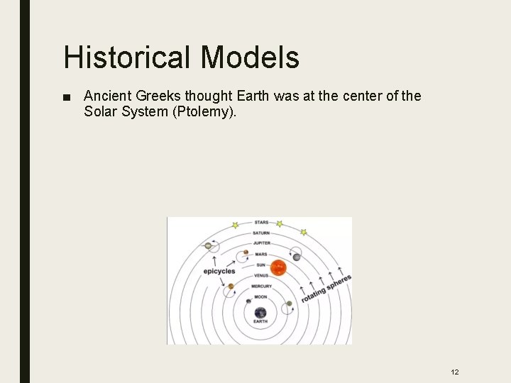 Historical Models ■ Ancient Greeks thought Earth was at the center of the Solar