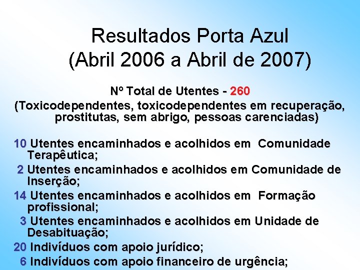 Resultados Porta Azul (Abril 2006 a Abril de 2007) Nº Total de Utentes -