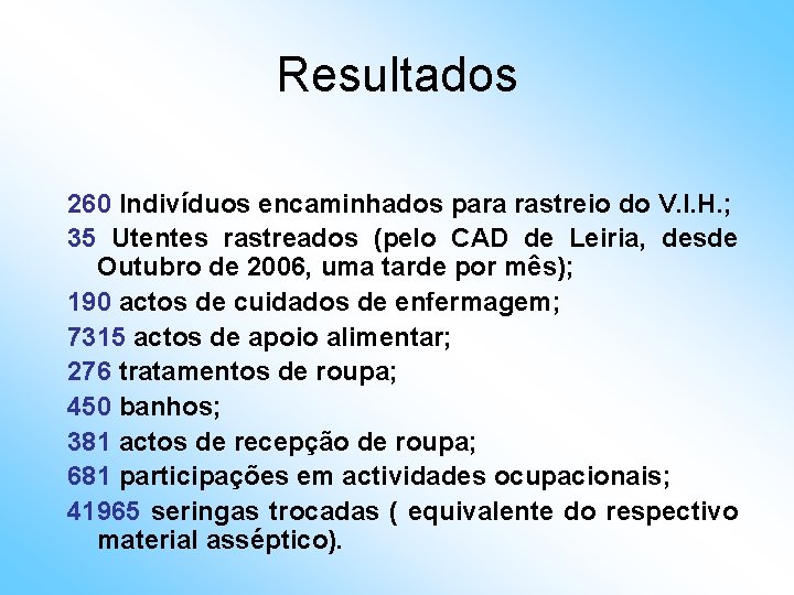 Resultados 260 Indivíduos encaminhados para rastreio do V. I. H. ; 35 Utentes rastreados