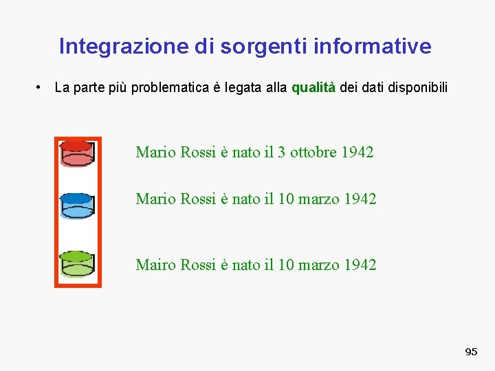 Integrazione di sorgenti informative • La parte più problematica è legata alla qualità dei