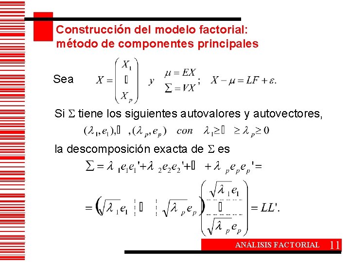 Construcción del modelo factorial: método de componentes principales Sea Si tiene los siguientes autovalores