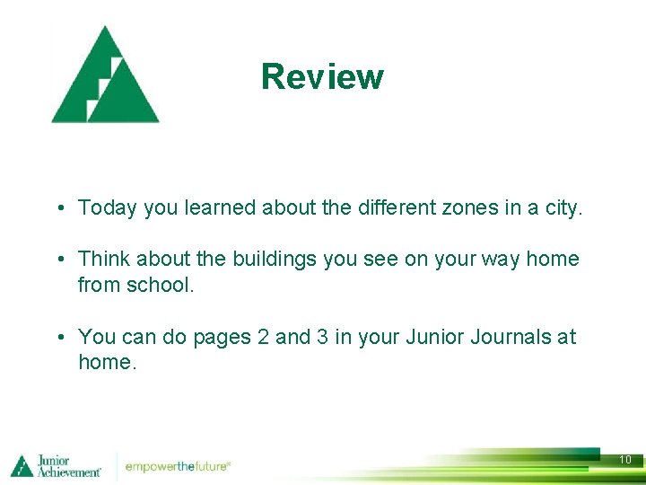 Review • Today you learned about the different zones in a city. • Think