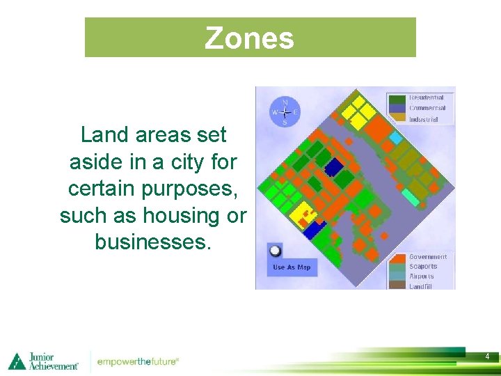 Zones Land areas set aside in a city for certain purposes, such as housing