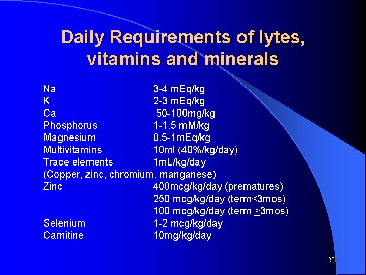 Daily Requirements of lytes, vitamins and minerals Na 3 -4 m. Eq/kg K 2