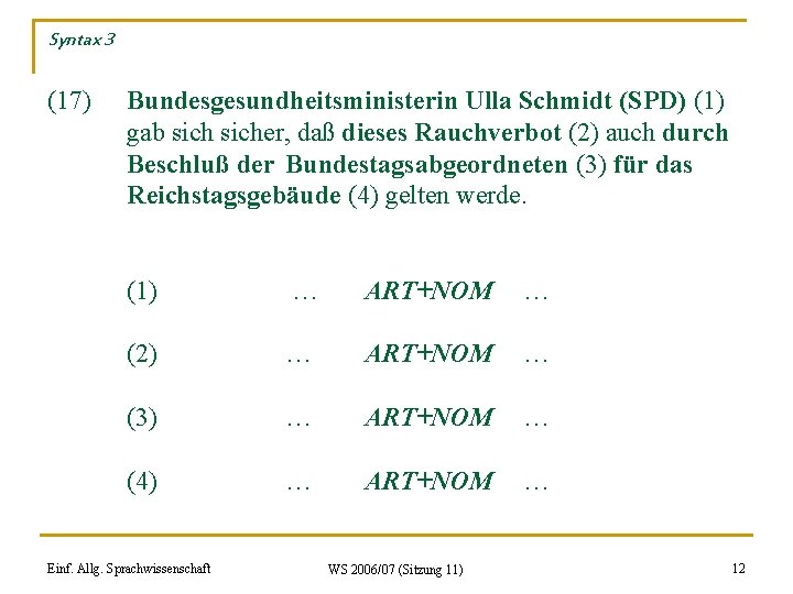 Syntax 3 (17) Bundesgesundheitsministerin Ulla Schmidt (SPD) (1) gab sicher, daß dieses Rauchverbot (2)