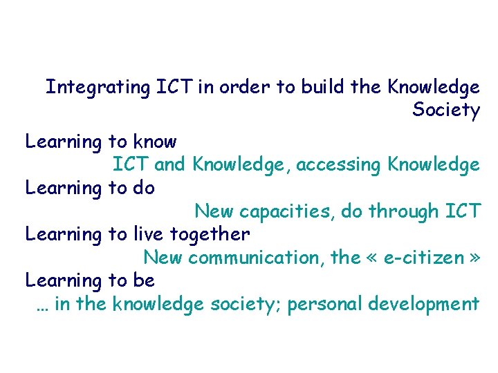 Integrating ICT in order to build the Knowledge Society Learning to know ICT and