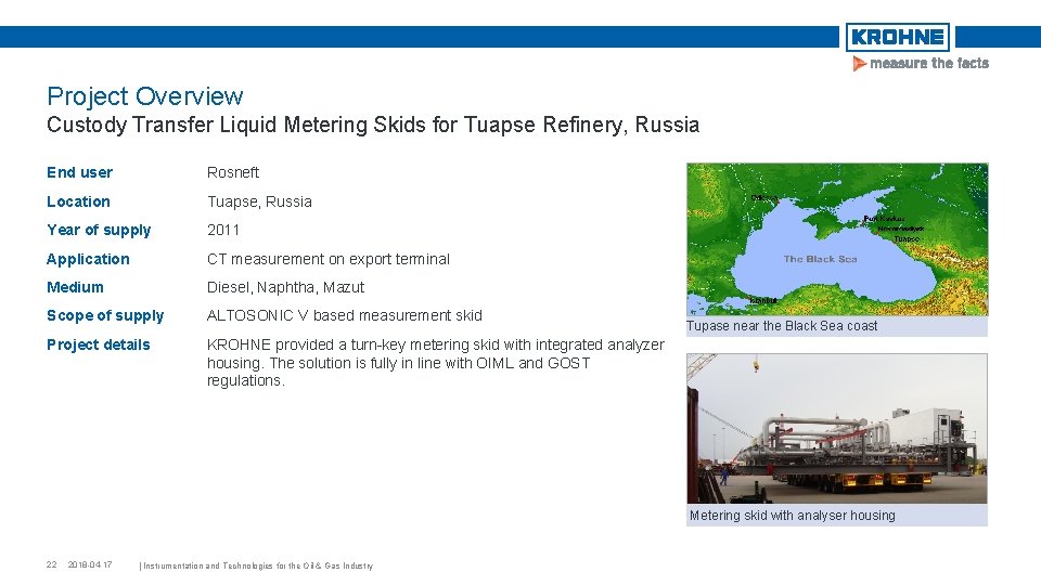 Project Overview Custody Transfer Liquid Metering Skids for Tuapse Refinery, Russia End user Rosneft