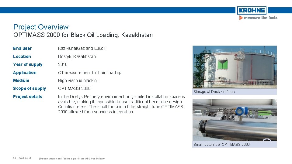 Project Overview OPTIMASS 2000 for Black Oil Loading, Kazakhstan End user Kaz. Munai. Gaz