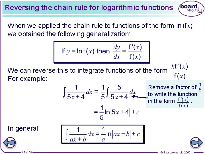 Reversing the chain rule for logarithmic functions When we applied the chain rule to