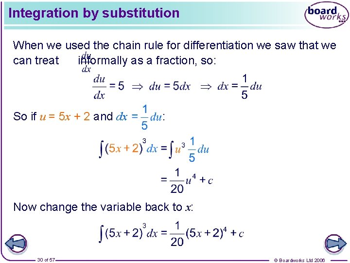 Integration by substitution When we used the chain rule for differentiation we saw that