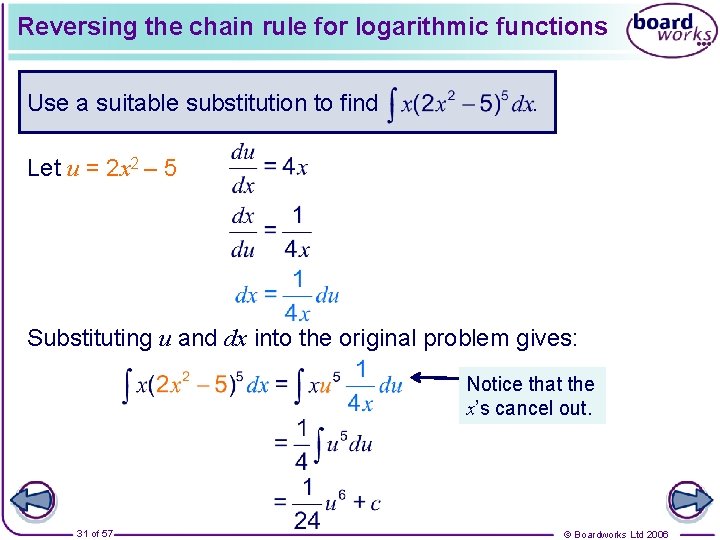 Reversing the chain rule for logarithmic functions Use a suitable substitution to find .