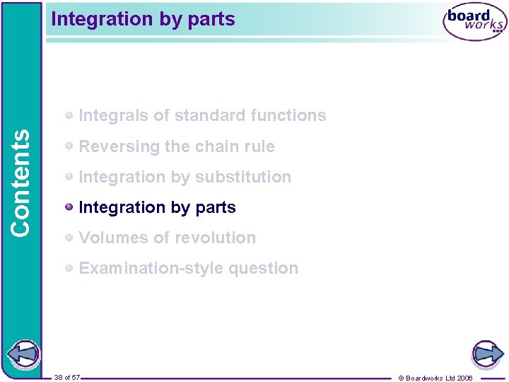 Integration by parts Contents Integrals of standard functions Reversing the chain rule Integration by