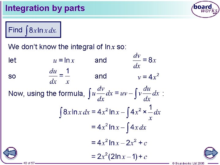 Integration by parts Find . We don’t know the integral of ln x so: