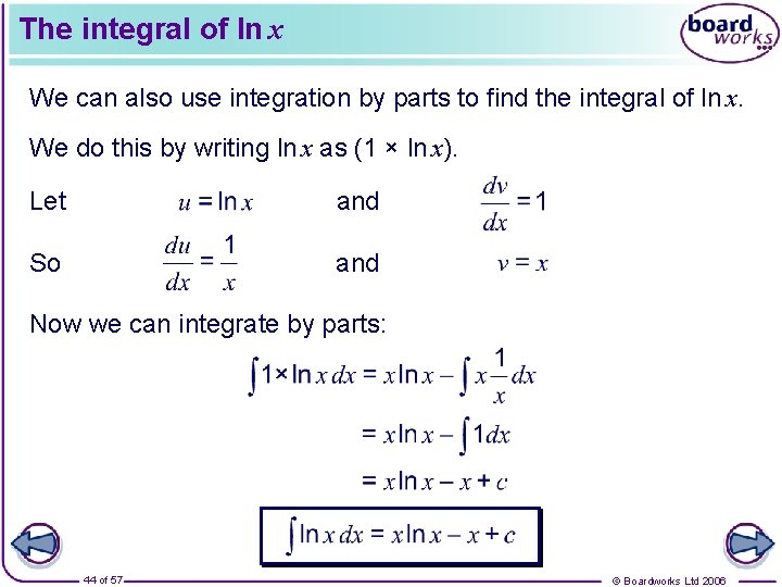 The integral of ln x We can also use integration by parts to find