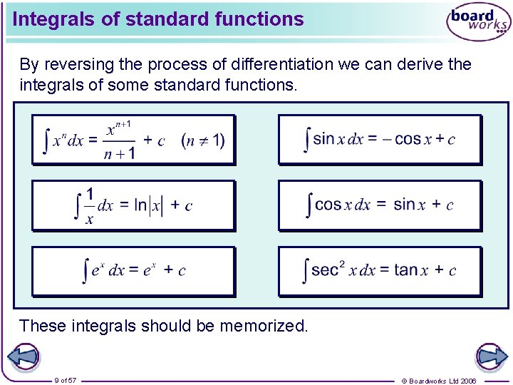 Integrals of standard functions By reversing the process of differentiation we can derive the