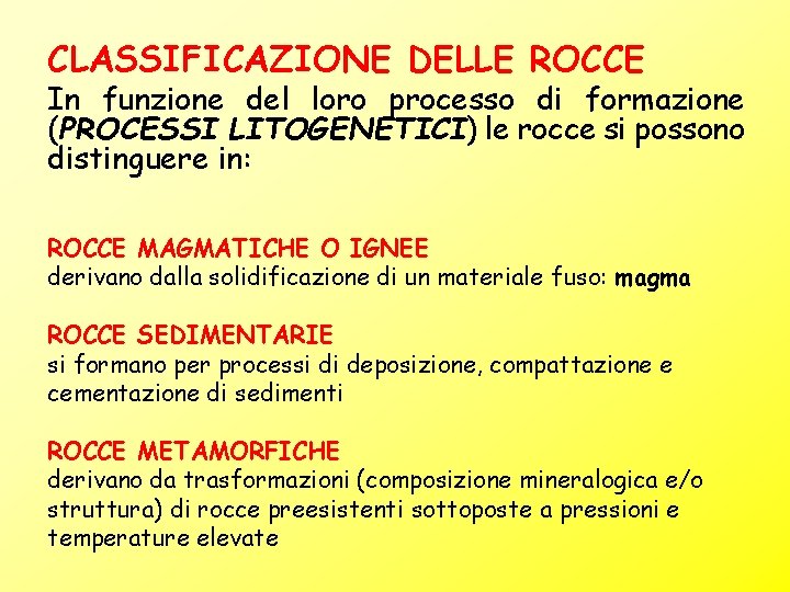 CLASSIFICAZIONE DELLE ROCCE In funzione del loro processo di formazione (PROCESSI LITOGENETICI) le rocce