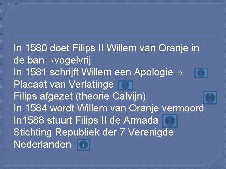 In 1580 doet Filips II Willem van Oranje in de ban→vogelvrij In 1581 schrijft