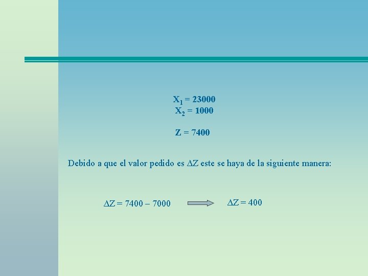 X 1 = 23000 X 2 = 1000 Z = 7400 Debido a que