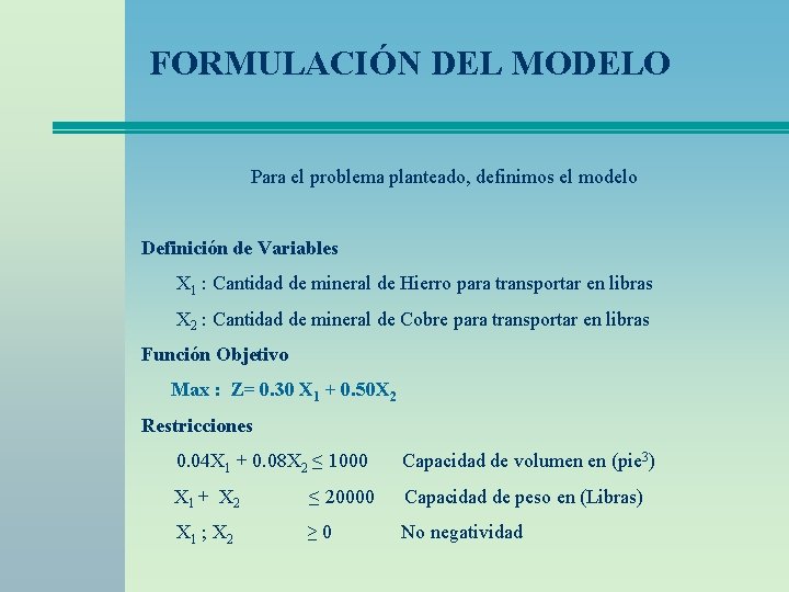 FORMULACIÓN DEL MODELO Para el problema planteado, definimos el modelo Definición de Variables X