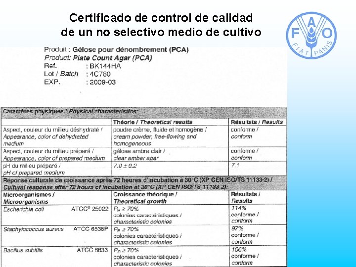 Certificado de control de calidad de un no selectivo medio de cultivo 