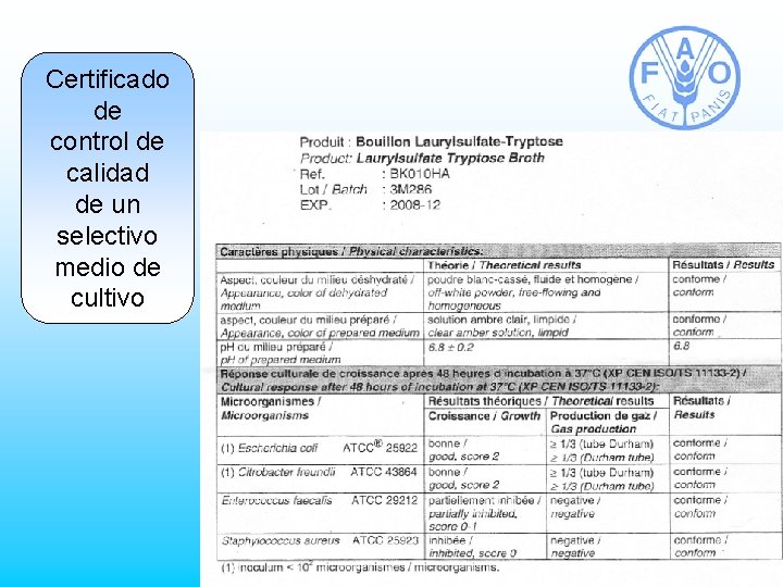 Certificado de control de calidad de un selectivo medio de cultivo 