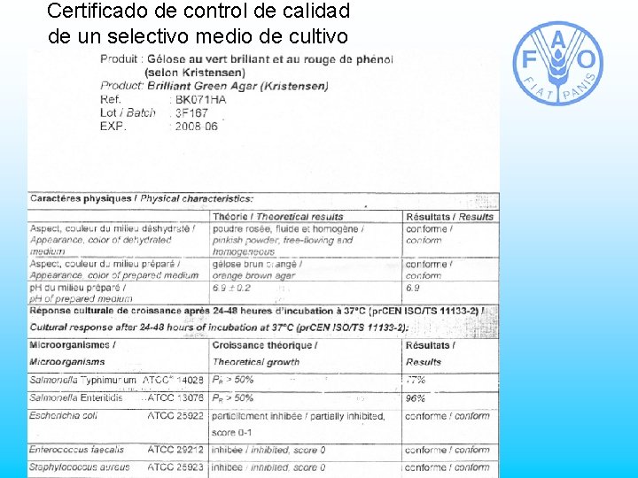 Certificado de control de calidad de un selectivo medio de cultivo 