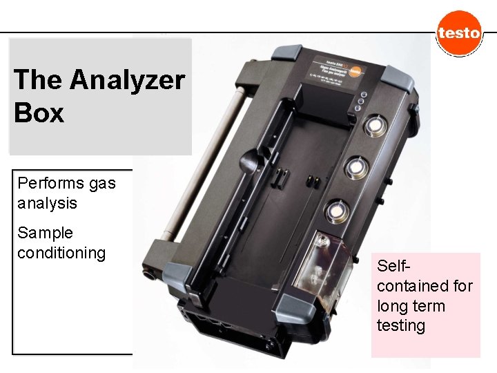 The Analyzer Box Performs gas analysis Sample conditioning Selfcontained for long term testing 