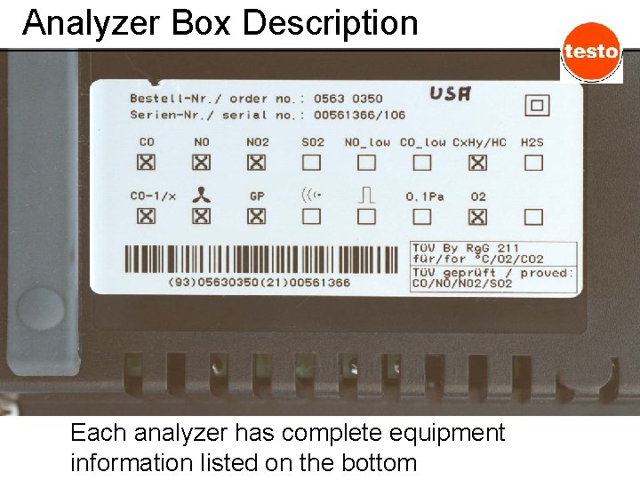 Analyzer Box Description Each analyzer has complete equipment information listed on the bottom 