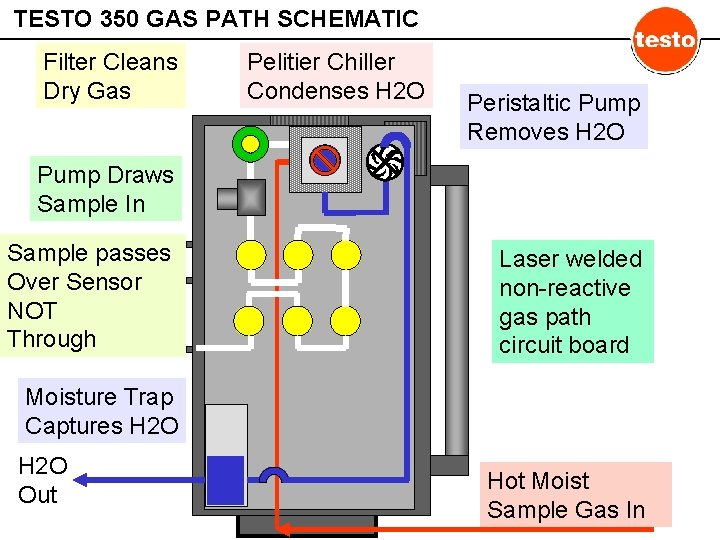 TESTO 350 GAS PATH SCHEMATIC Filter Cleans Dry Gas Pelitier Chiller Condenses H 2