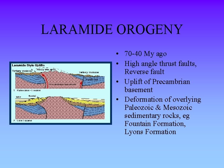 LARAMIDE OROGENY • 70 -40 My ago • High angle thrust faults, Reverse fault