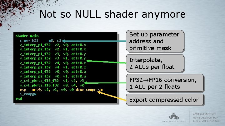 Not so NULL shader anymore shader main s_mov_b 32 m 0, s 2 v_interp_p