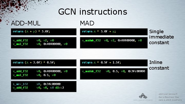 GCN instructions ADD-MUL MAD return (x + y) * 3. 0 f; return x