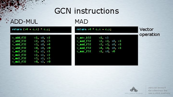 GCN instructions ADD-MUL MAD return (v 4 + c. x) * c. y; return