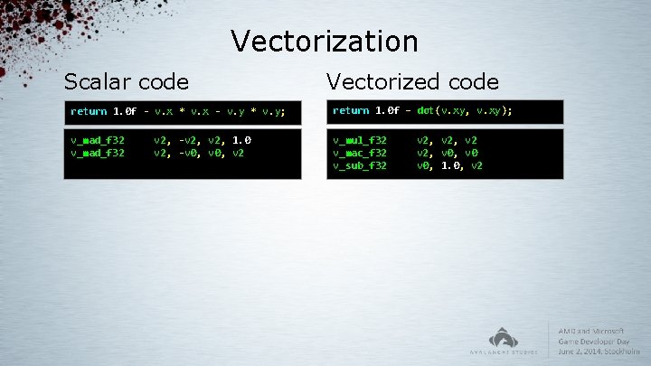 Vectorization Scalar code Vectorized code return 1. 0 f - v. x * v.