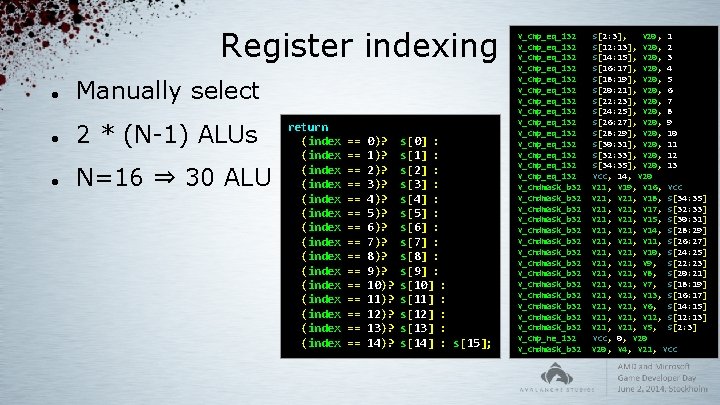 Register indexing Manually select 2 * (N-1) ALUs N=16 ⇒ 30 ALU return (index