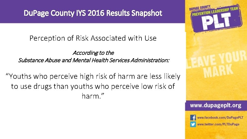 Du. Page County IYS 2016 Results Snapshot Perception of Risk Associated with Use According