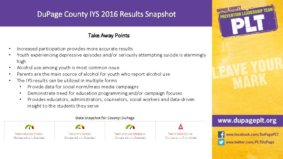 Du. Page County IYS 2016 Results Snapshot Take Away Points • • • Increased