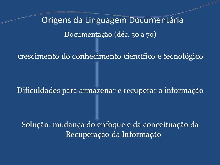 Origens da Linguagem Documentária Documentação (déc. 50 a 70) crescimento do conhecimento científico e