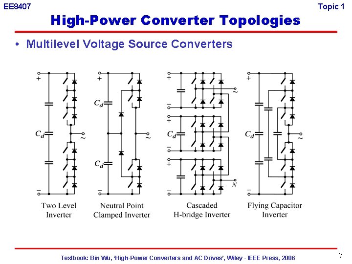 EE 8407 High-Power Converter Topologies Topic 1 • Multilevel Voltage Source Converters Textbook: Bin