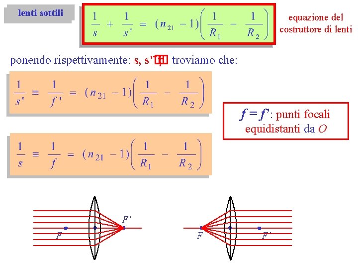 lenti sottili equazione del costruttore di lenti ponendo rispettivamente: s, s’� ¨� ‡ troviamo