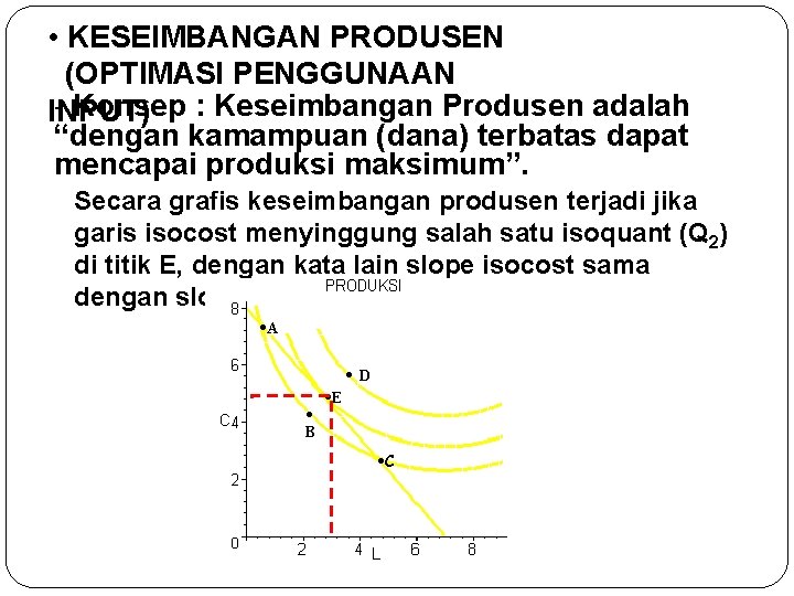  • KESEIMBANGAN PRODUSEN (OPTIMASI PENGGUNAAN - Konsep : Keseimbangan Produsen adalah INPUT) “dengan