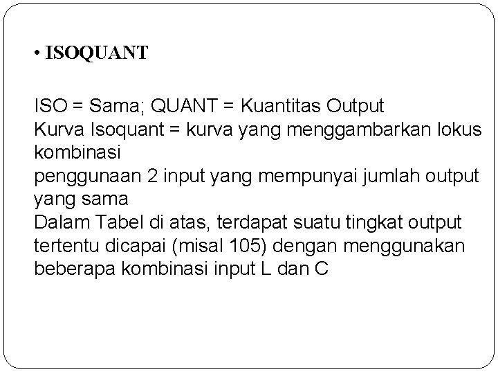  • ISOQUANT ISO = Sama; QUANT = Kuantitas Output Kurva Isoquant = kurva
