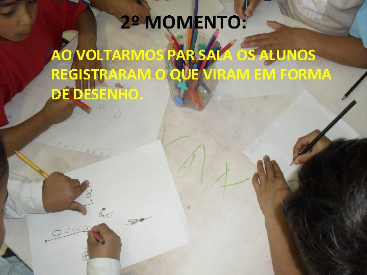 2º MOMENTO: AO VOLTARMOS PAR SALA OS ALUNOS REGISTRARAM O QUE VIRAM EM FORMA