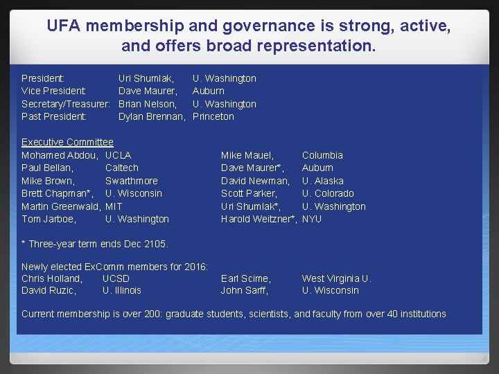 UFA membership and governance is strong, active, and offers broad representation. President: Vice President: UFA membership and governance is strong, active, and offers broad representation. President: Vice President: